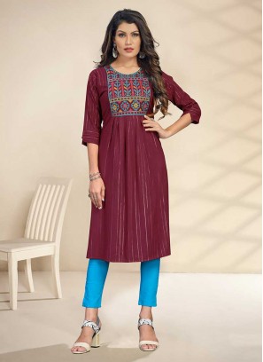 Wine Color Rayon Embroidered Special Maternity Kurti