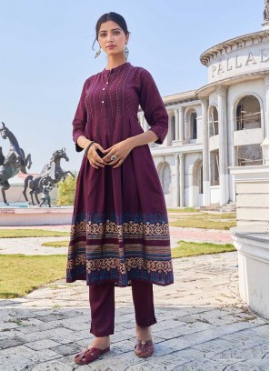 Wine Color Rayon Kurti With Bottom