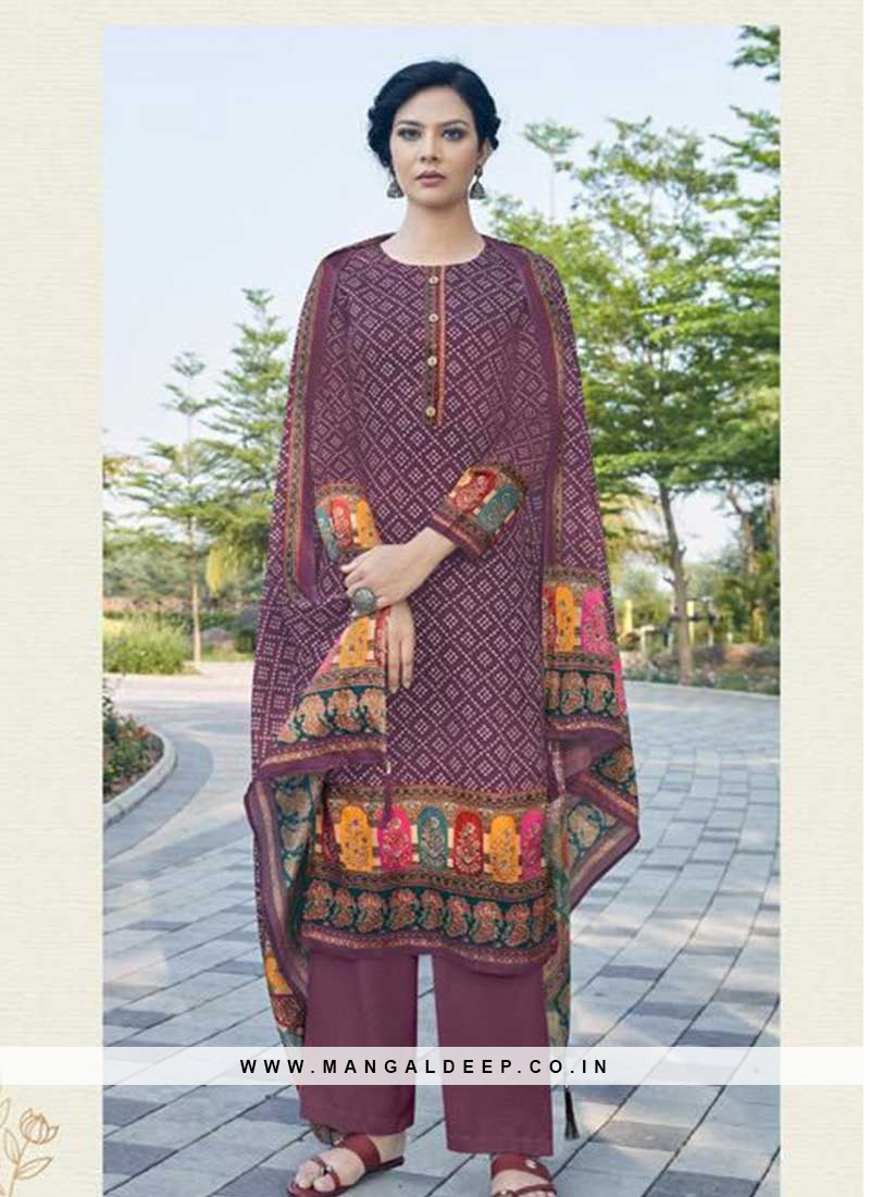 Wine Color Satin Bandhni Suit