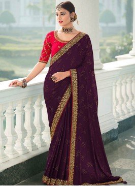 Wine Color Satin Chiffon Latest Design Saree