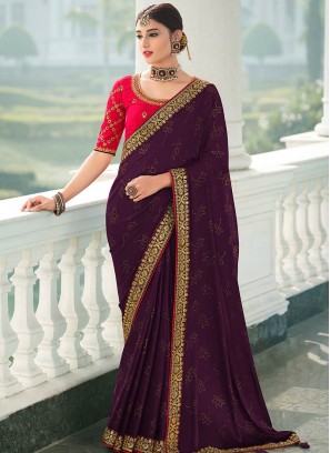 Wine Color Satin Chiffon Latest Design Saree