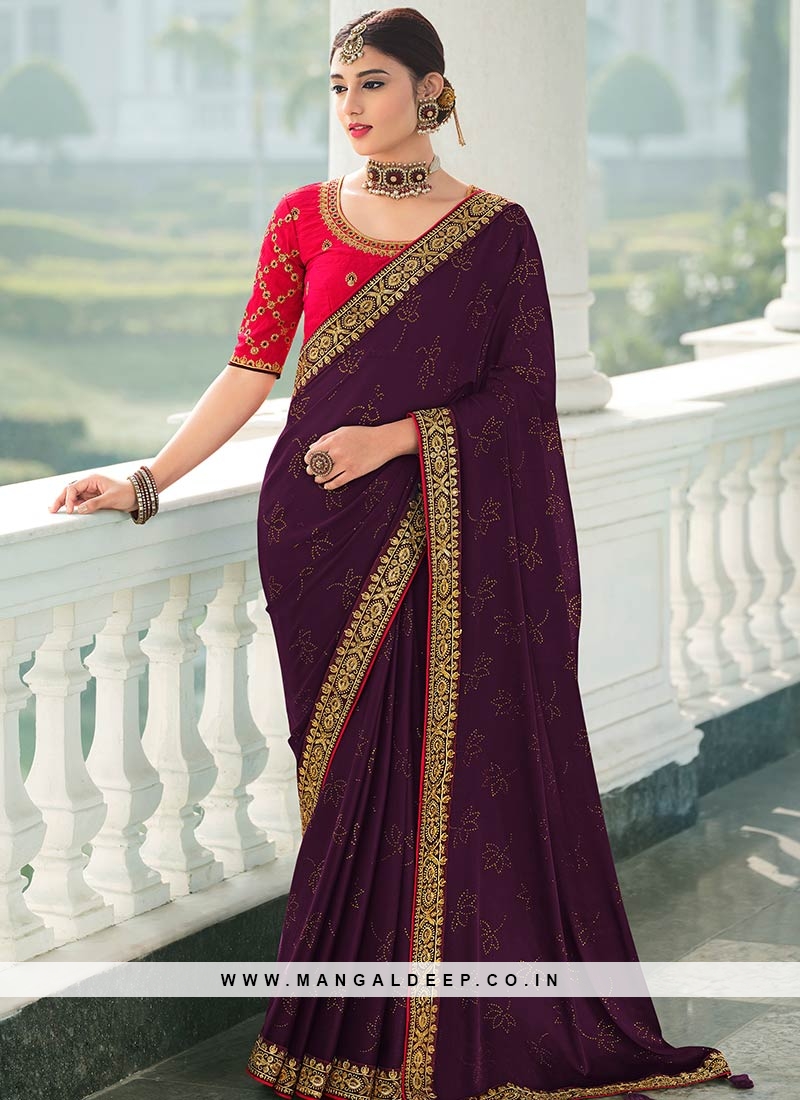 Wine Color Satin Chiffon Latest Design Saree