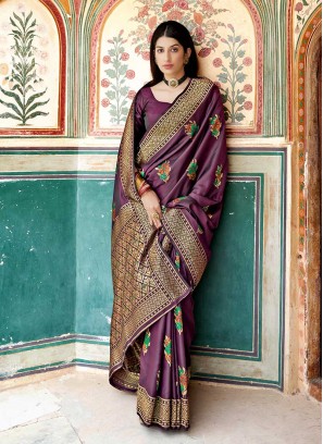 Wine Color Satin Silk Saree