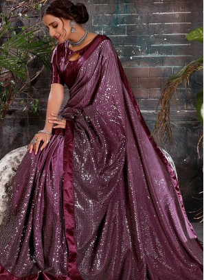 Wine Color Sequins Work Crepe Saree