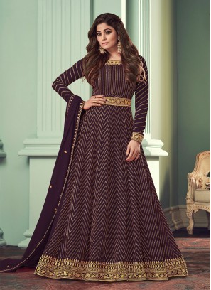 Wine Color Sequins Work Georgette Floor Length Suit