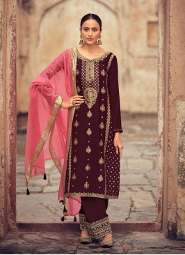 Wine Color Silk Embroidered Salwar Suit