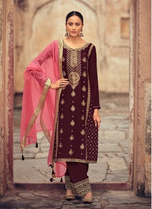Wine Color Silk Embroidered Salwar Suit