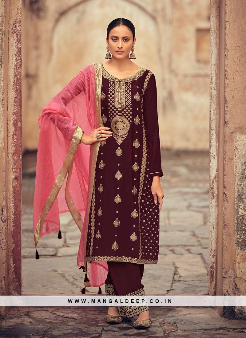 Wine Color Silk Embroidered Salwar Suit