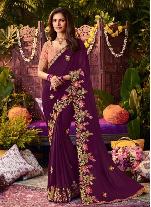 Wine Color Silk Embroidered Saree