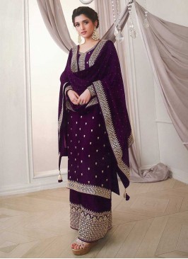 Wine Color Silk Georgette Plazzo Suit