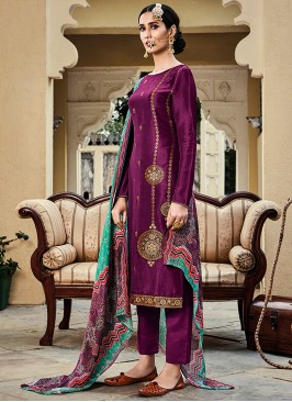 Wine Color Silk Jacquard Dress Material