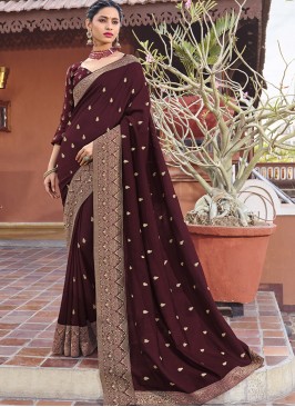 Wine Color Silk Party Wear Saree