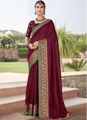 Wine Color Silk Saree For Party