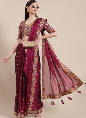 Wine Color Silk Saree With Designer Blouse