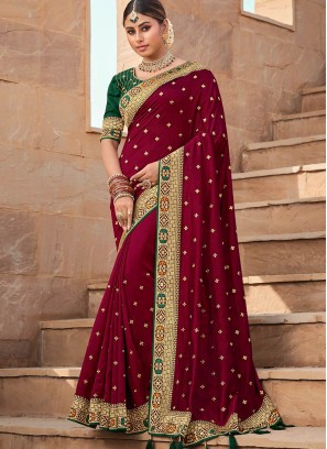 Wine Color Vichitra Silk Saree