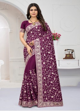 WINE COLOUR CRAP SILK EMBROIDERY WORK SAREE