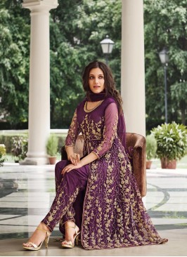 Wine Colour Sequance Embroidery Work Front Cut Suit