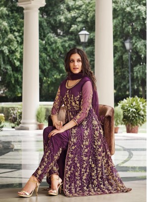 Wine Colour Sequance Embroidery Work Front Cut Suit