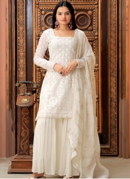 White Elegance: Faux Georgette Salwar Suit Set with Intricate Embroidery