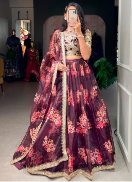 Wine Elegance: Organza Wedding Lehenga Choli Ensemble