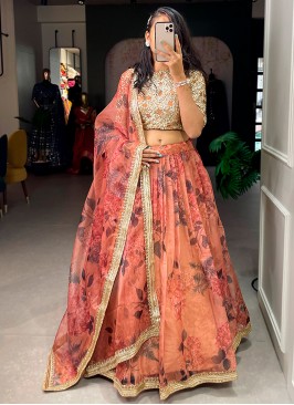 Brown Elegance: Organza Wedding Lehenga Choli Ensemble