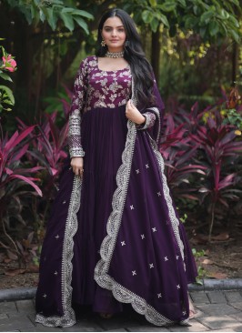 Wine Embroidered Georgette Designer Gown