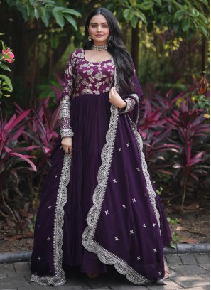 Wine Embroidered Georgette Designer Gown