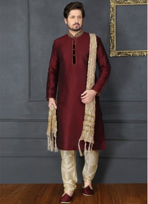 Wine Embroidered Kurta Pajama