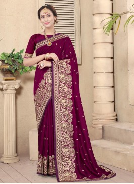 Wine Embroidered Silk Designer Traditional Saree