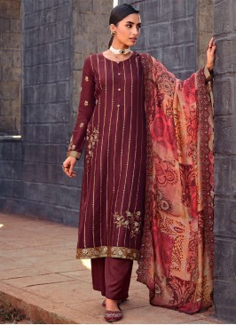 Wine Embroidered Trendy Salwar Kameez