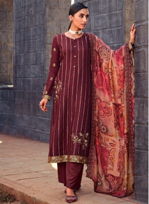 Wine Embroidered Trendy Salwar Kameez