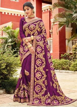 Wine Embroidered Vichitra Silk Traditional Saree