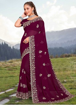 Wine Embroidered Wedding Classic Saree