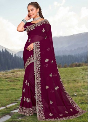 Wine Embroidered Wedding Classic Saree