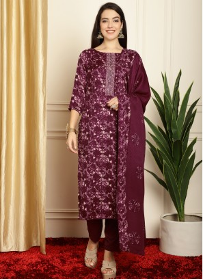 Wine Geometric Print Pashmina Salwar Suit