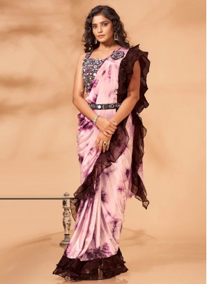 Wine Georgette Satin Printed Classic Saree