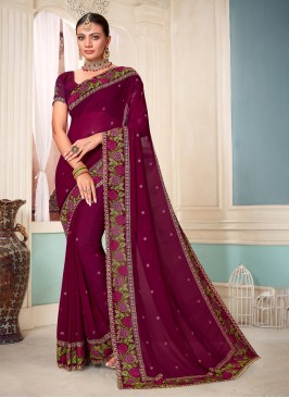 Wine Georgette Wedding Designer Saree