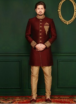 Wine Handwork Sherwani In Art Banarasi Silk Fabric