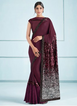 Wine Lycra Sequins Trendy Saree