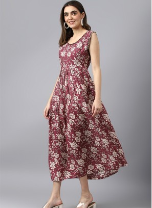 Wine Muslin Floral Printed Dress