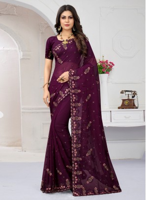 Wine Organza Contemporary Saree