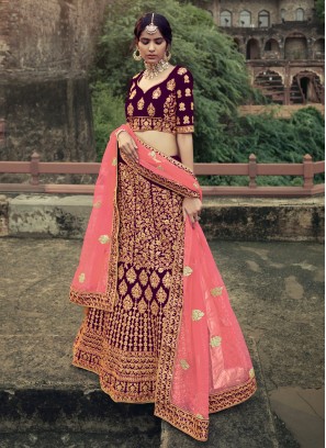 Wine Patch Border Satin Lehenga Choli