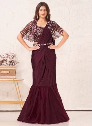 Wine Plain Lehenga Saree