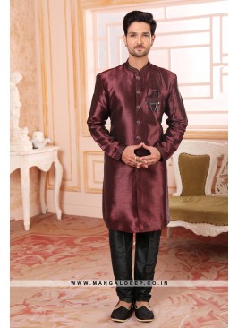 Wine Raw Silk Nawabi Style Indo Western Sherwani with Art Silk Pant