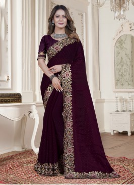 Wine Resham Engagement Contemporary Saree