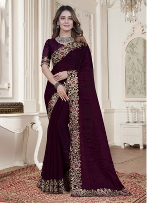 Wine Resham Engagement Contemporary Saree