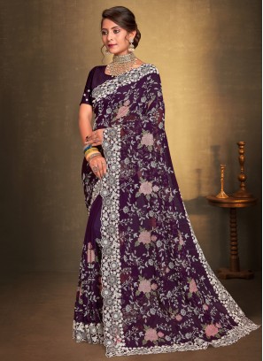 Wine Resham Party Trendy Saree