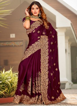 Wine Satin Embroidered Classic Saree