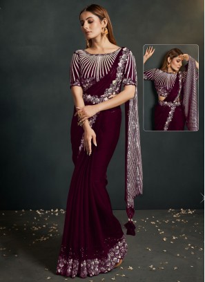Wine Satin Silk Thread Work Contemporary Saree