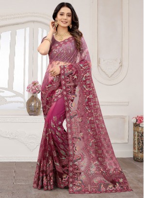 Wine Sequins Net Classic Designer Saree